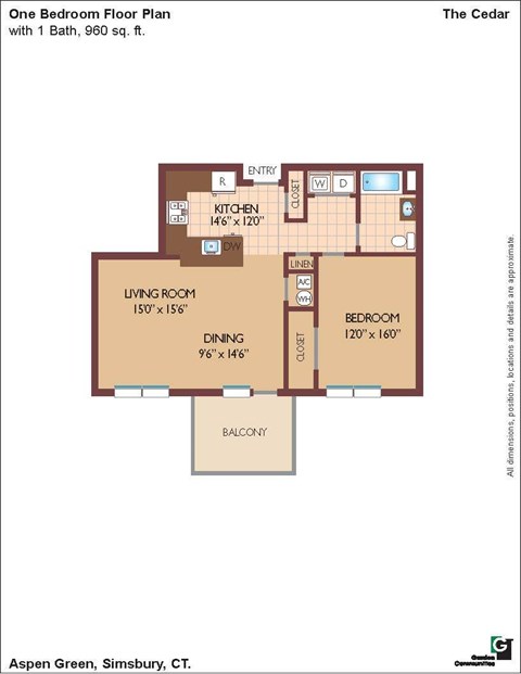Floor plan for 1 bed, 1 bath, 957 sqft